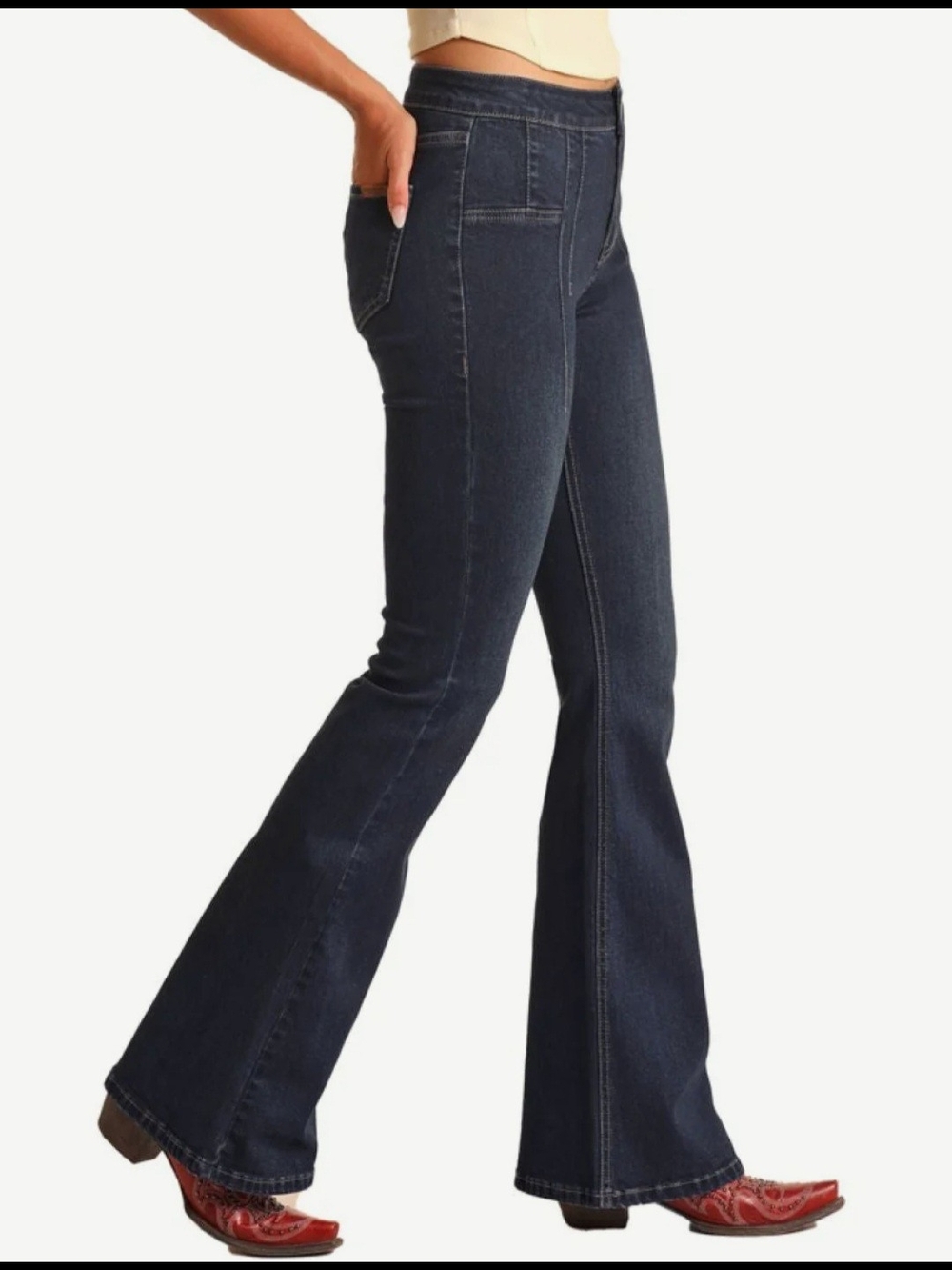 High Rise Pintuck Button Flare Jeans